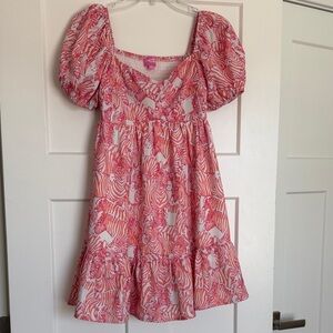 Pink Patterned Puff-Sleeve Womens Dress